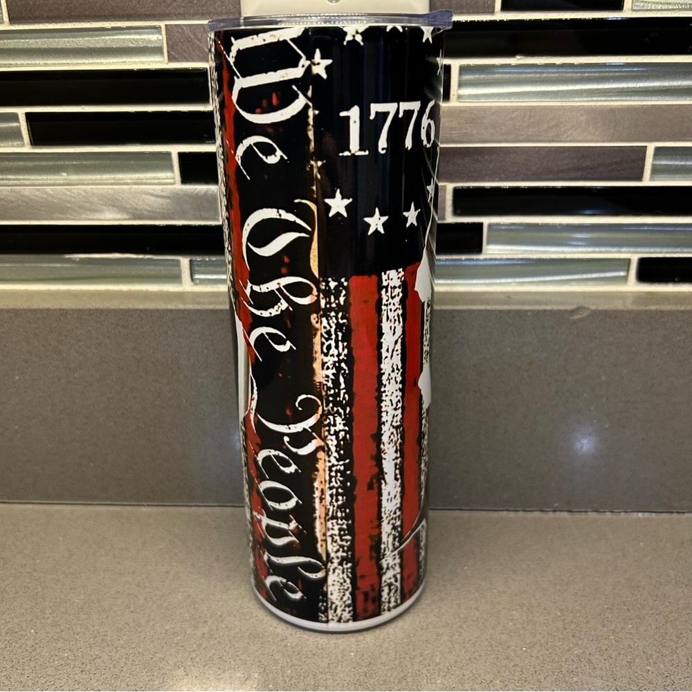 We The People 1776 Skull American Flag 20 oz Skinny Tumbler /Lid NEW in Box